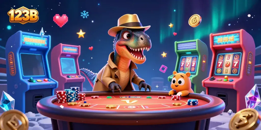 Experience the thrilling action of 123B with a velociraptor card counter at a blackjack table in a vibrant casino setting.