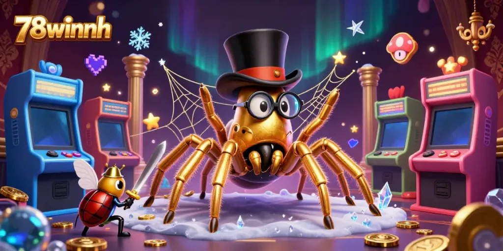 Explore the vibrant world of 78winnh, featuring a golden tarantula weaving casino webs with lively characters.