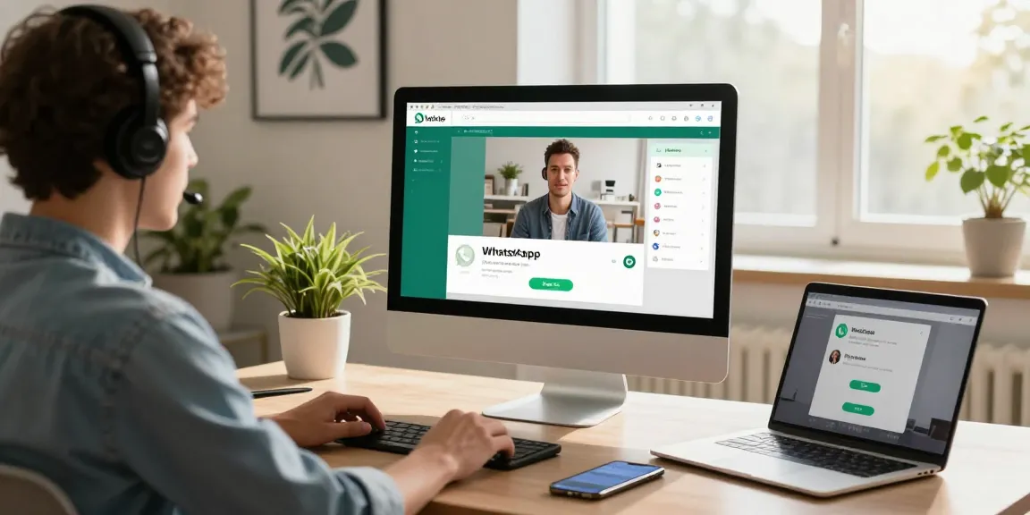 Using WhatsApp電腦版 on a desktop in a modern home office, showing user engaged in a video call.