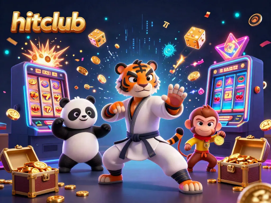 Experience the excitement at hitclub with a vibrant 3D scene featuring animated characters and dynamic casino elements.