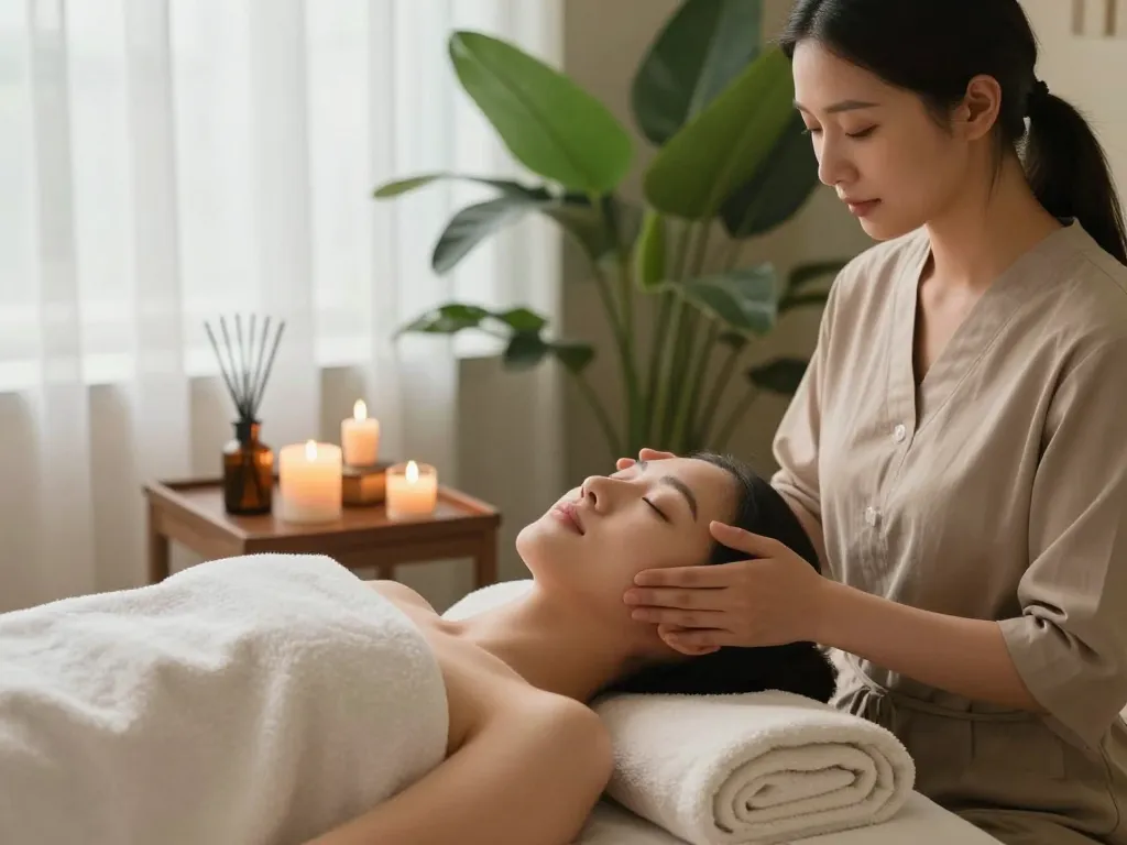 Calming Spa Ad scene showcasing a tranquil facial treatment with soothing elements.