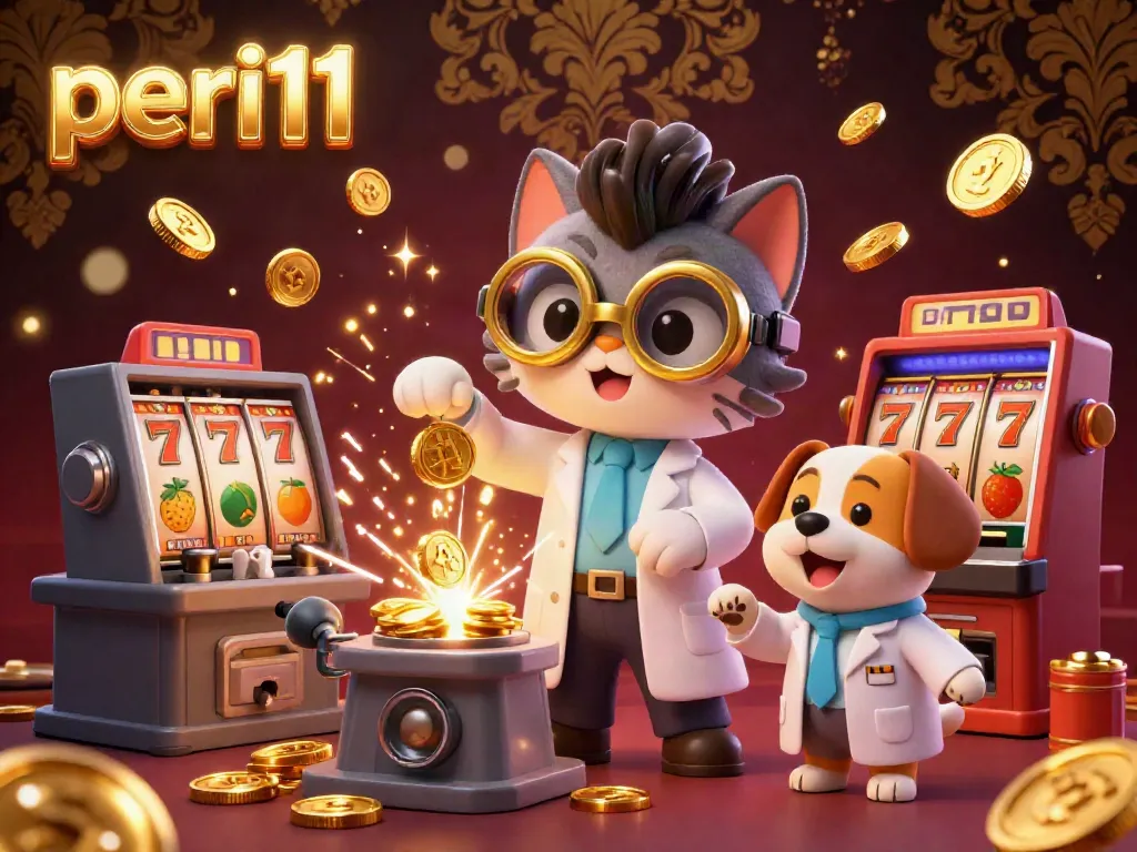 Experience the vibrant world of peri11 with a whimsical cat and dog duo in a dynamic slot machine lab.