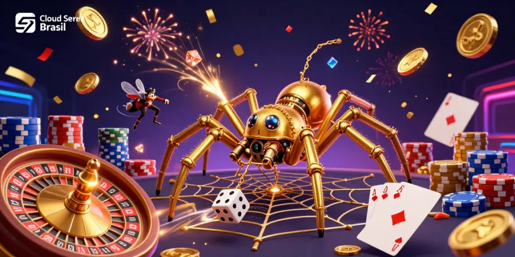 Engage with the Cloud Server Brasil experience amidst vibrant gambling elements and steampunk charm.