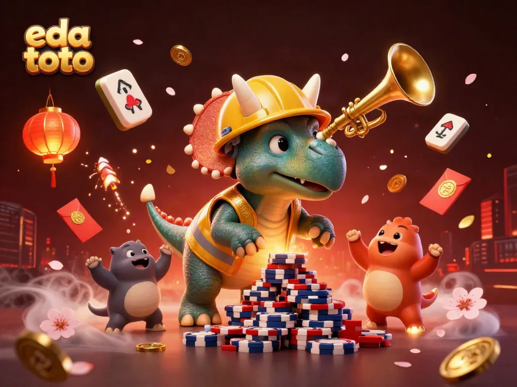 Experience the vibrant world of eda toto with a lively scene of a triceratops and friends celebrating at a casino.