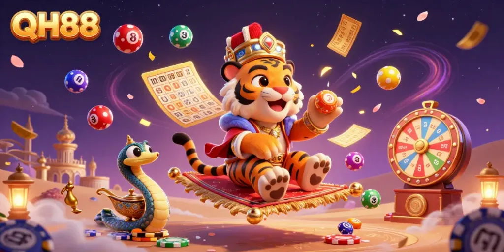 Engage with QH88's vibrant casino experience featuring a tiger sultan on a flying carpet and dynamic game elements.
