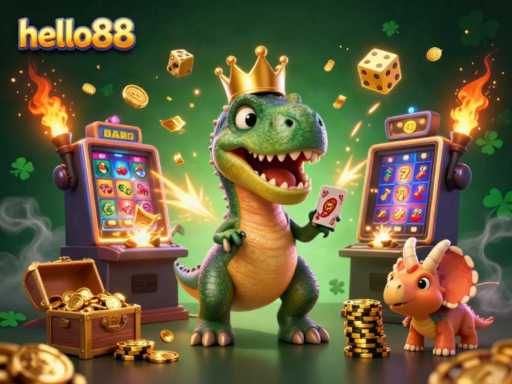 Experience the thrill of hello88 with playful dinosaurs in a casino setting, filled with gold coins and jackpot symbols.
