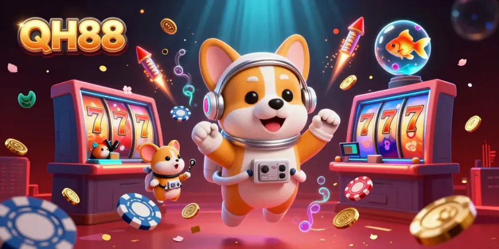 Join the fun at QH88 with a floating astronaut corgi in a vibrant casino atmosphere, full of excitement!