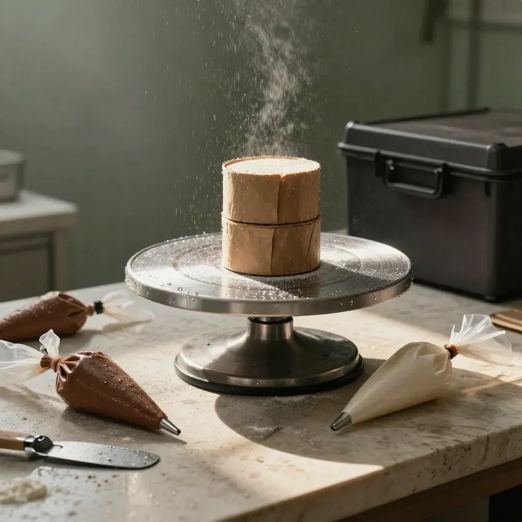 Brushed-steel cake turntable with bakery tools on a stone bench in warm rain-lit studio light.