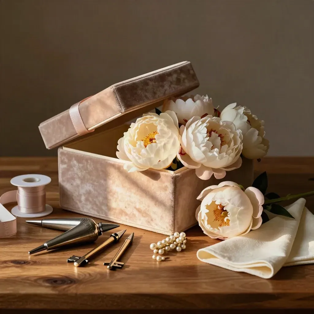 Velvet cake box with sugar peonies and piping tips on walnut wood in dramatic light