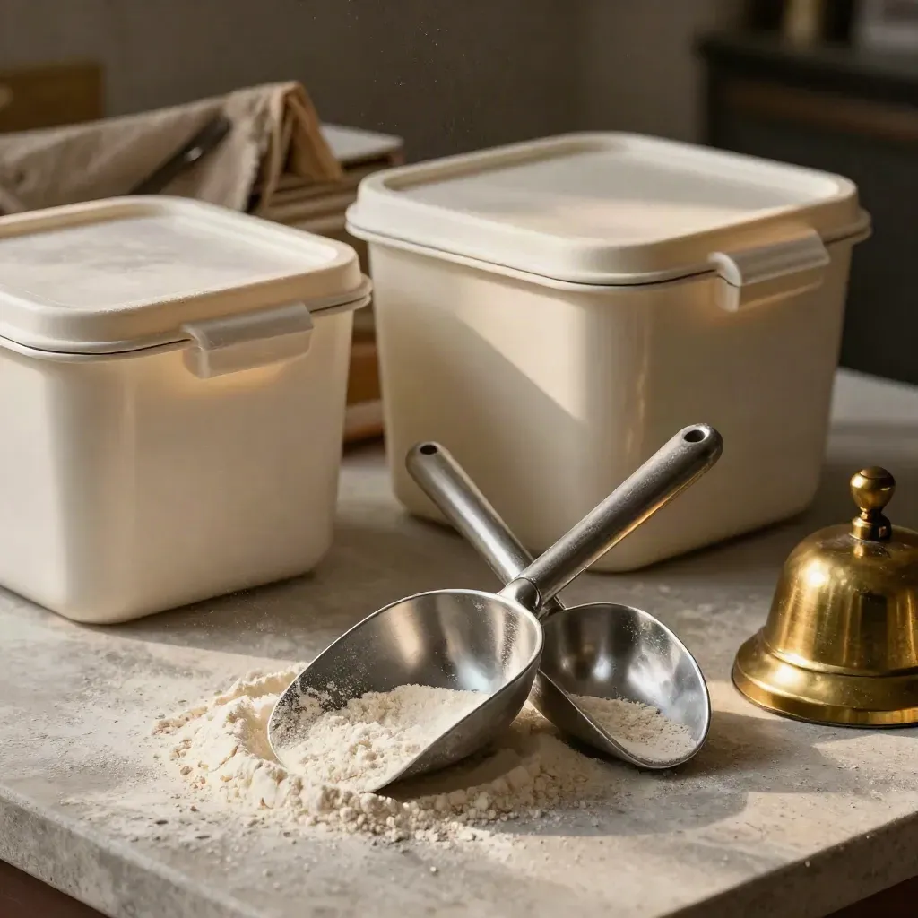 Macro bakery tools: flour scoops, ingredient bins, ledger, and brass counter bell on stone