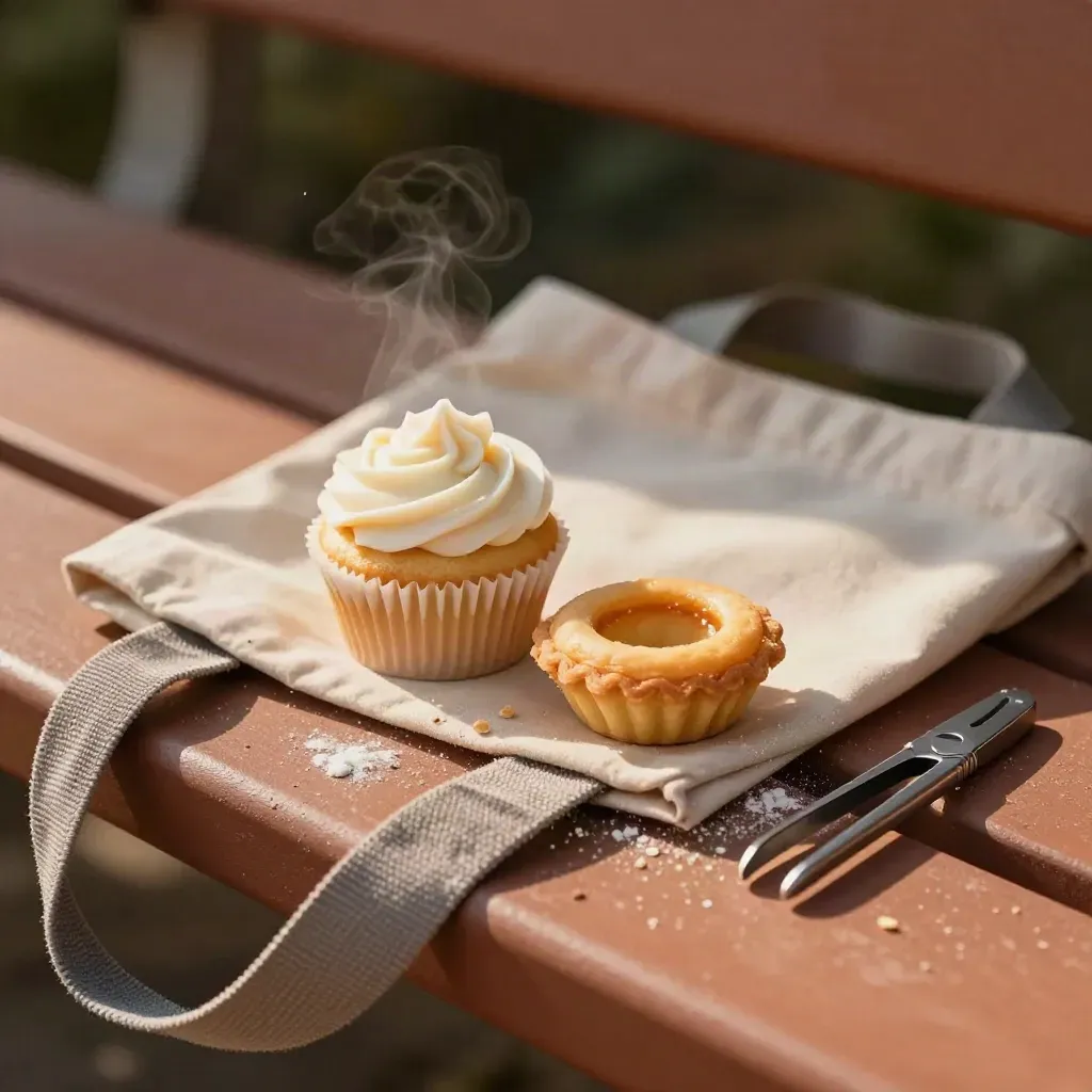 Cupcake carrier, tart rings, tote and tweezers on a terracotta pastry bench, lit by soft daylight.