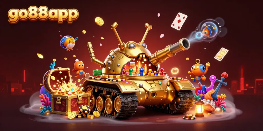 Experience the excitement of go88app in a vibrant 3D casino scene filled with golden treasures and gaming action.
