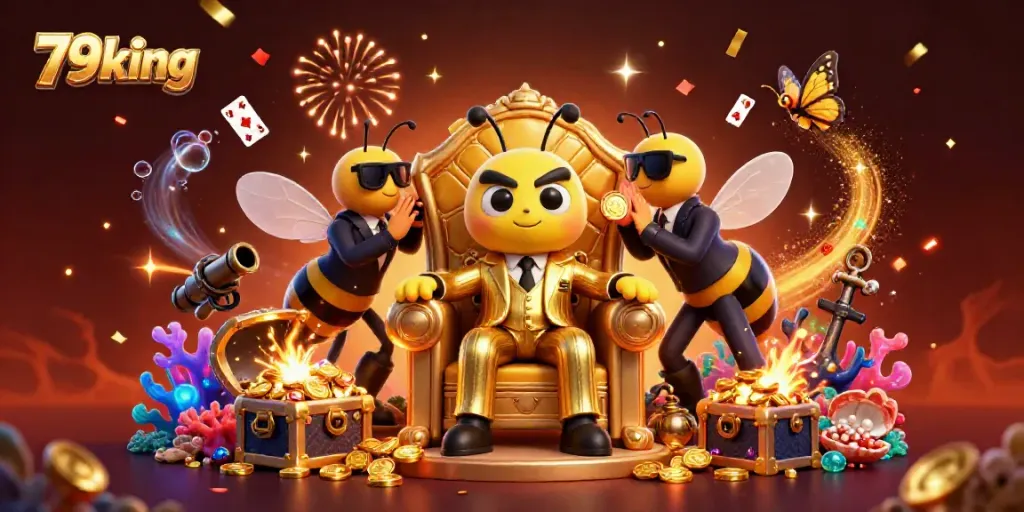 Experience thrilling gaming with 79king's enchanting illustration depicting a cartoon mob boss and vibrant treasures.