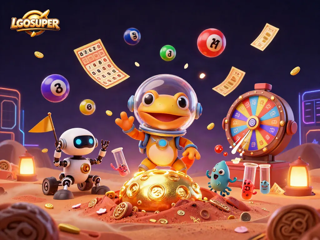 Join the fun with LGOSUPER as a Martian gecko discovers a golden casino in this vibrant scene.