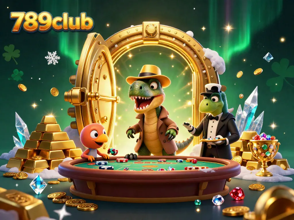Experience thrilling gaming at 789club with a cartoon velociraptor card counter at a vibrant blackjack table.
