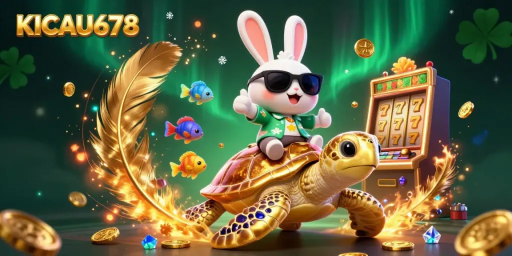 KICAU678 brings luck with a cartoon rabbit and golden turtle in a vibrant casino scene.