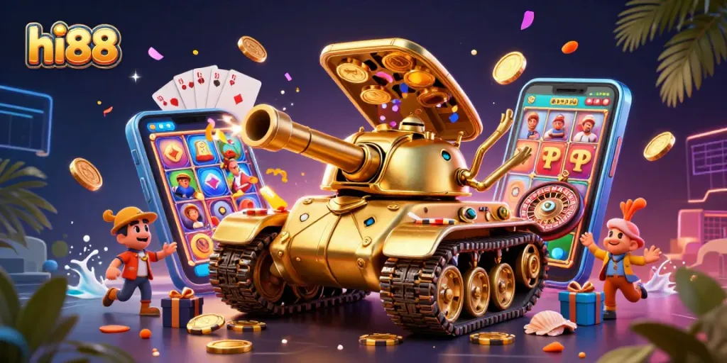 Engage with hi88's thrilling mini-casino adventure featuring golden beetle tanks and vibrant slot games.