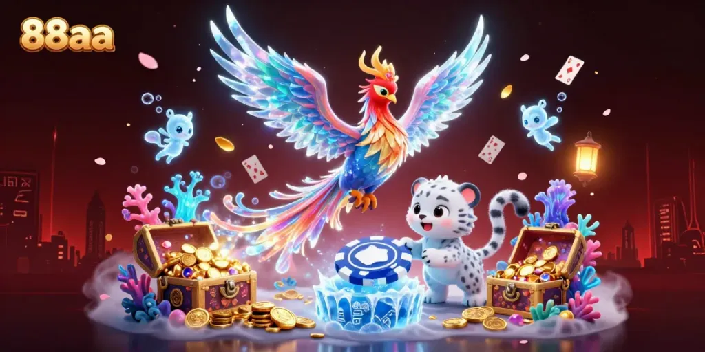 Engage with 88aa's playful ice phoenix and snow leopard in a vibrant casino scene filled with treasures.