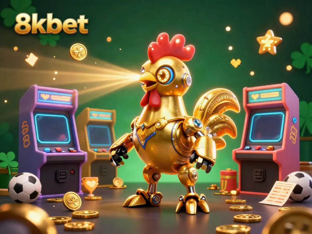 Engage with vibrant gaming fun at 8xbet, featuring a golden rooster robot and sports betting elements.