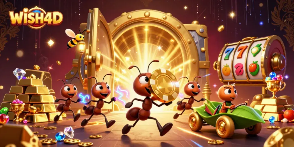 WISH4D showcases a 3D cartoon adventure featuring ants heisting a giant poker chip in a vibrant casino scene.