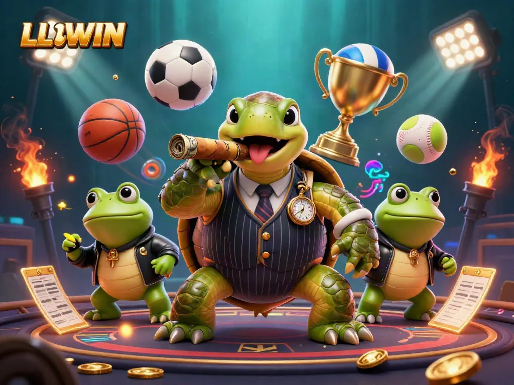 Experience thrilling gaming action with LLWWIN, featuring a snapping turtle mobster and sporty elements.