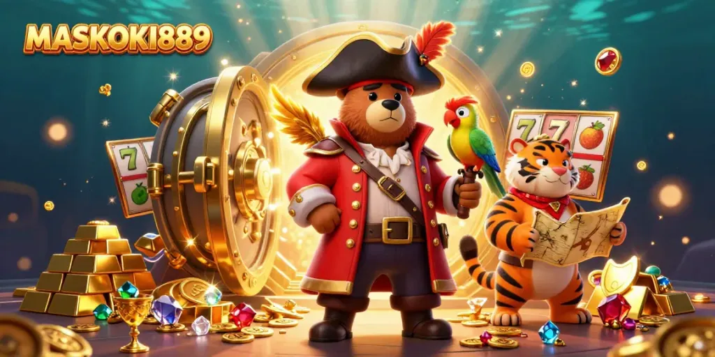 Engage in thrilling gaming at MASKOKI889 with vibrant 3D pirate-themed slots illustration.