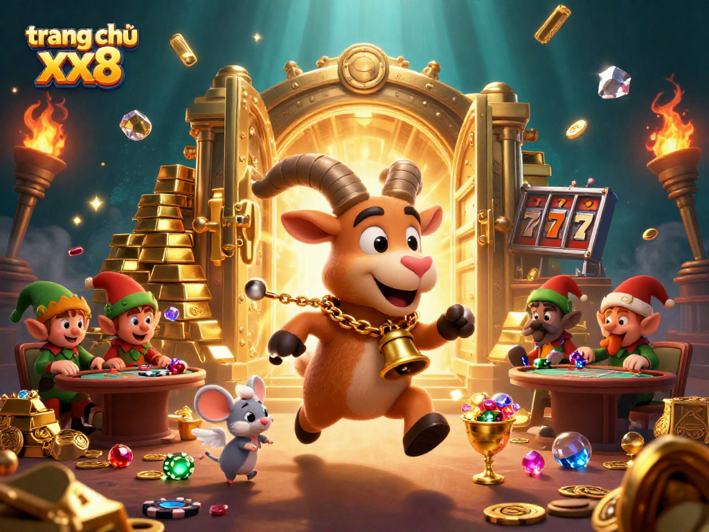 Experience excitement with trang chủ xx8 in a vibrant 3D casino scene featuring festive characters and thrilling games.