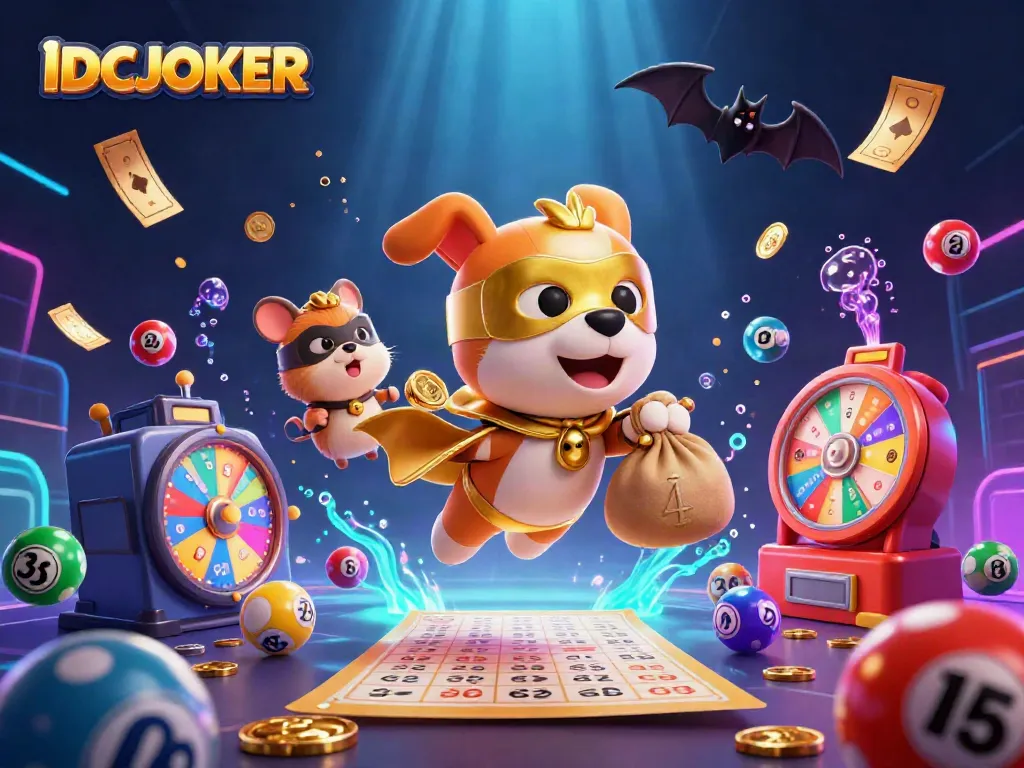 IDCJOKER superhero dog and sidekick hamster flying amid vibrant lottery and gaming elements.