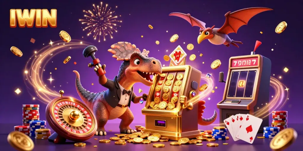 IWIN features a pachycephalosaurus winning jackpots, surrounded by coins and casino elements in a vibrant scene.