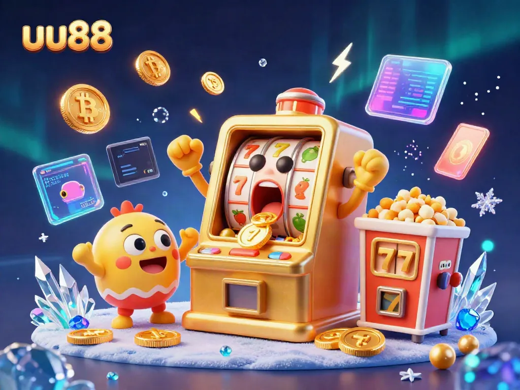 uu88 slot machine surprised by a jackpot with coins pouring out surrounded by cheering baby machines.