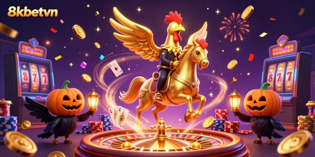 Experience thrilling gameplay with 8xbetvn's vibrant casino scene featuring a golden rooster and dynamic gaming elements.