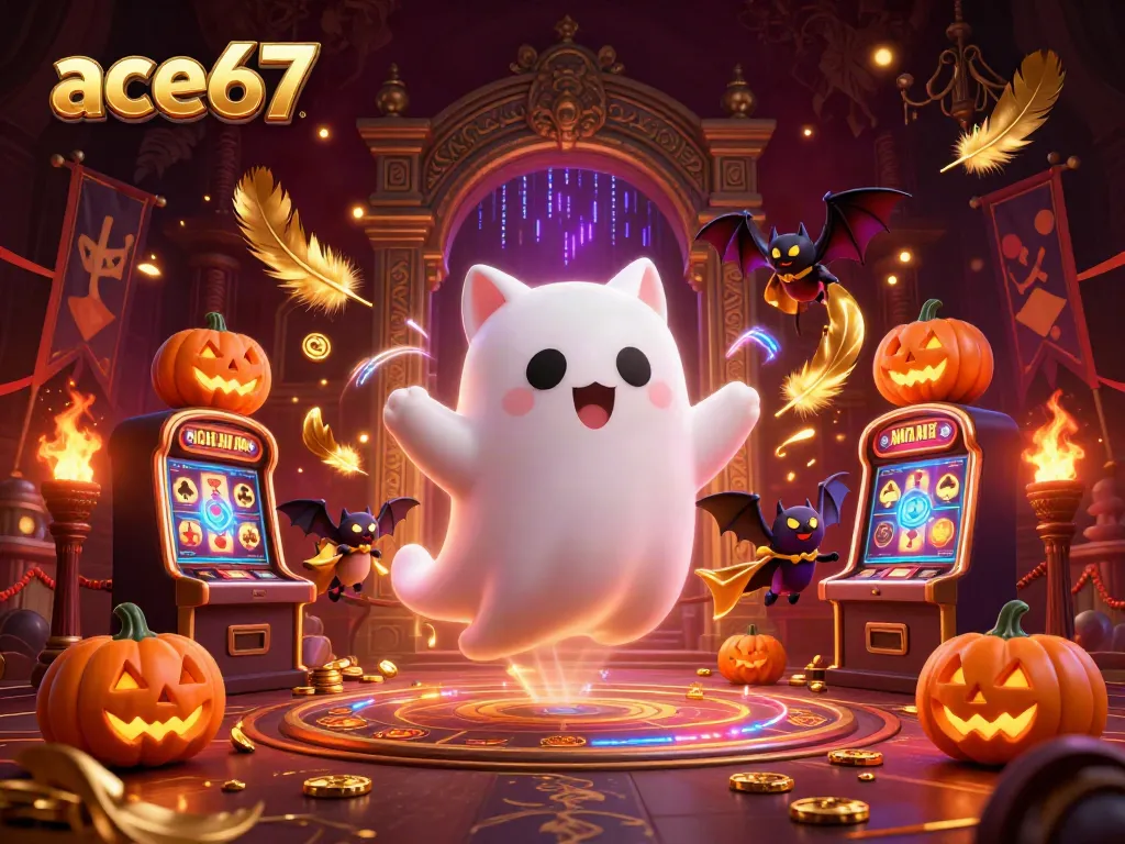 Experience the thrilling ace67 adventure with a ghost cat and vampire bat in a haunted casino.