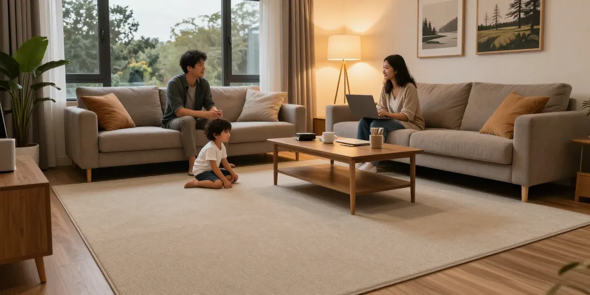 Explore the comfort and style of the best acoustic flooring for UK homes in a modern living room setting, with family enjoying peaceful moments together.