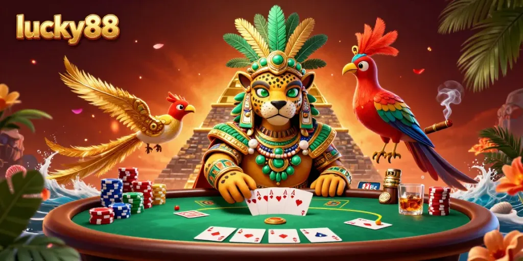 Engage with lucky88's vibrant casino scene featuring a Mayan priest and quetzal bird.