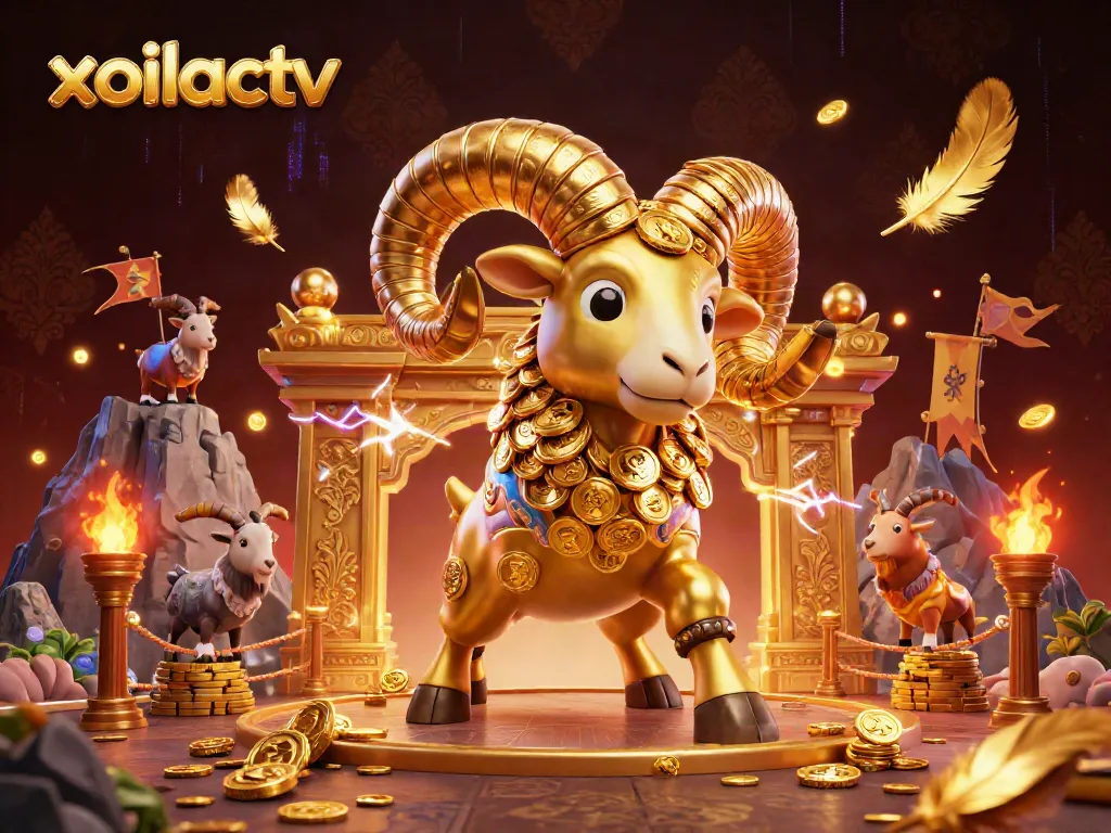 Xoilactv showcases a dynamic casino scene with golden ram and vibrant gaming elements