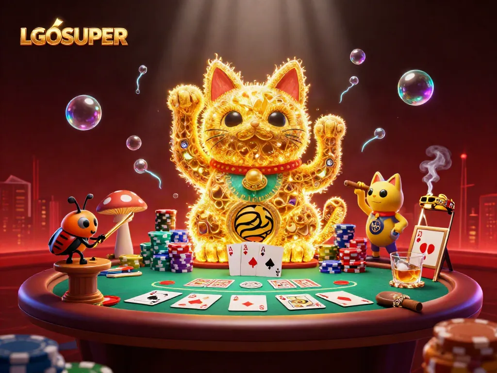 Engage in vibrant gameplay at LGOSUPER with a lively giant lucky cat made of fireflies surrounded by casino elements.
