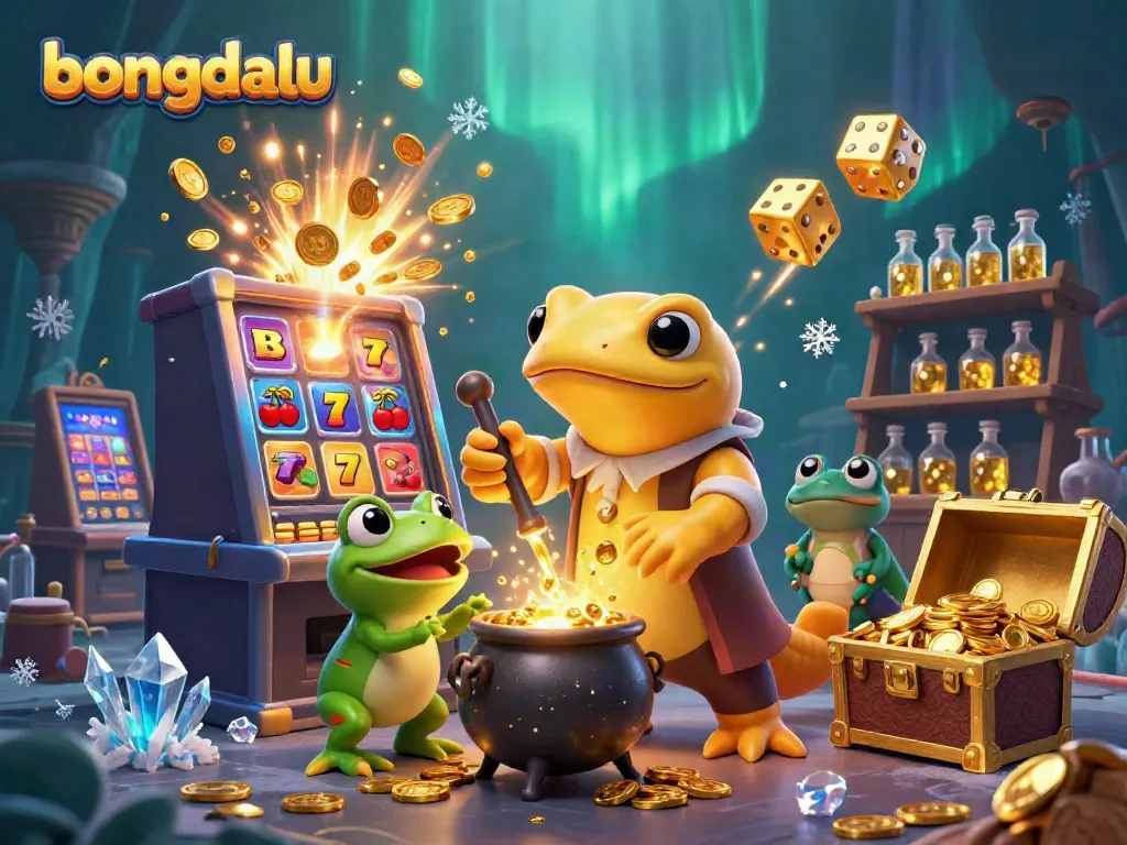 Engage with bongdalu in a vibrant, magical casino setting showcasing alchemical elements and classic gaming icons.