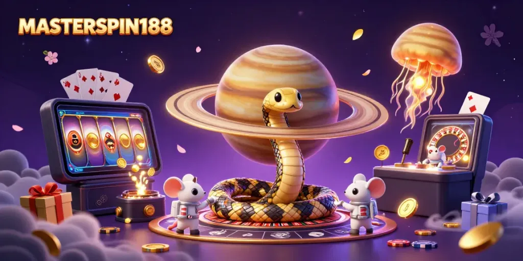 Experience winning excitement with MASTERSPIN188's cosmic casino adventure illustration featuring vibrant 3D elements.