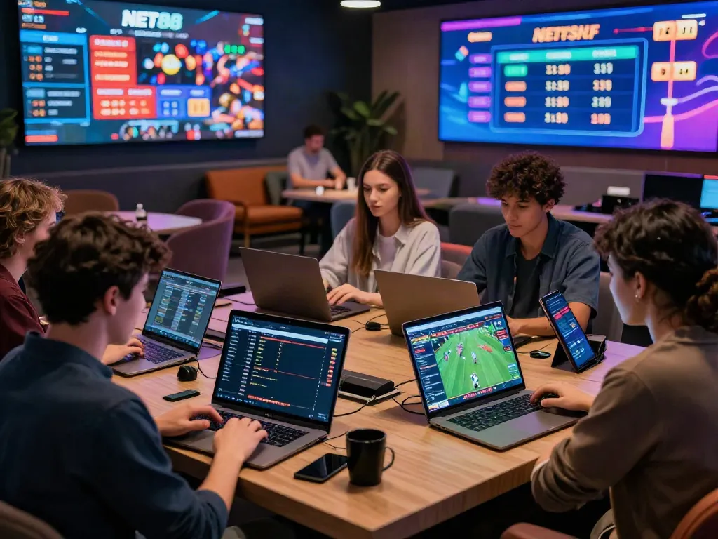 Engaged users enjoying online betting and gaming on NET88 in a vibrant lounge.