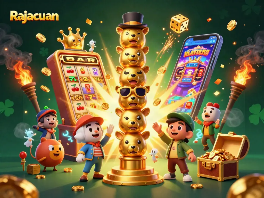 Explore Rajacuan's exciting jackpots with a vibrant 3D casino illustration showcasing thrilling game elements.