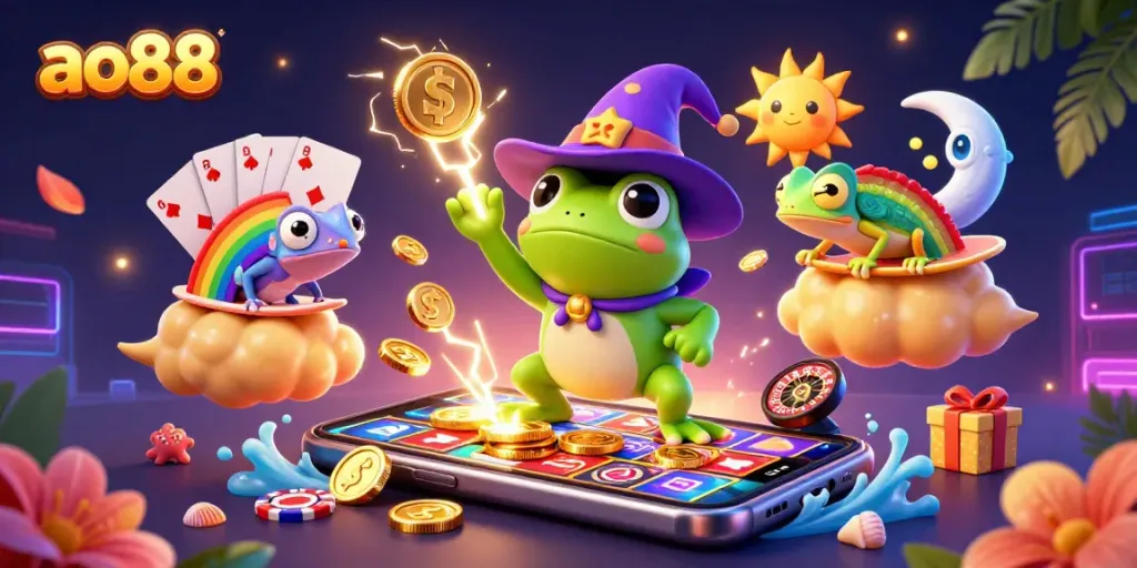 Win big at ao88 with vibrant cartoon characters creating a gold coin storm in an engaging casino scene.