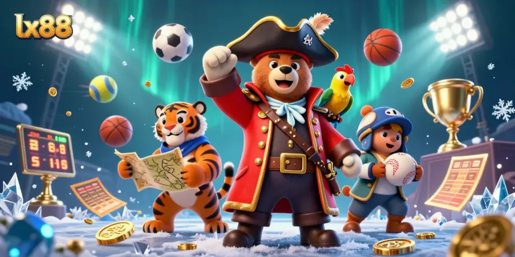 Experience the excitement of lx88 with vibrant characters and dynamic sports elements in a captivating 3D casino scene.