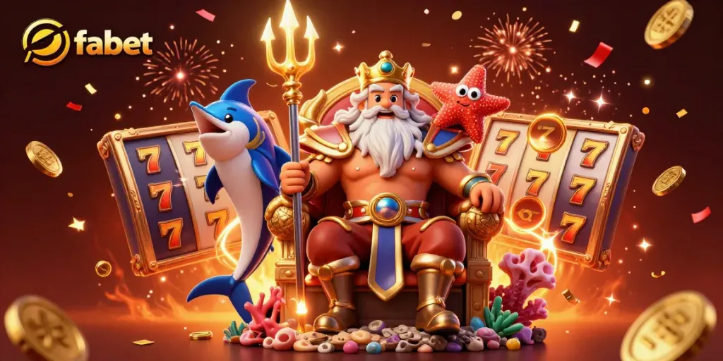 Engage with fabet's slots gaming experience highlighted by Neptune's throne and festive symbols.