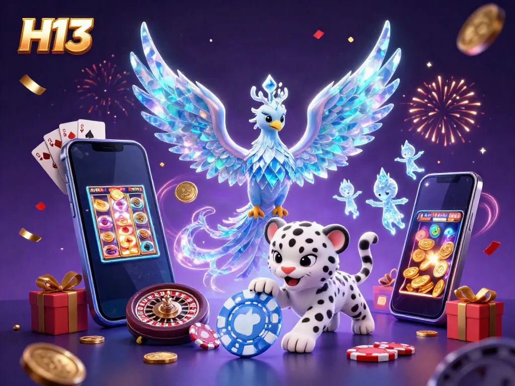 Engage with H13's vibrant online gaming world featuring a magical ice phoenix and sparkling casino elements.