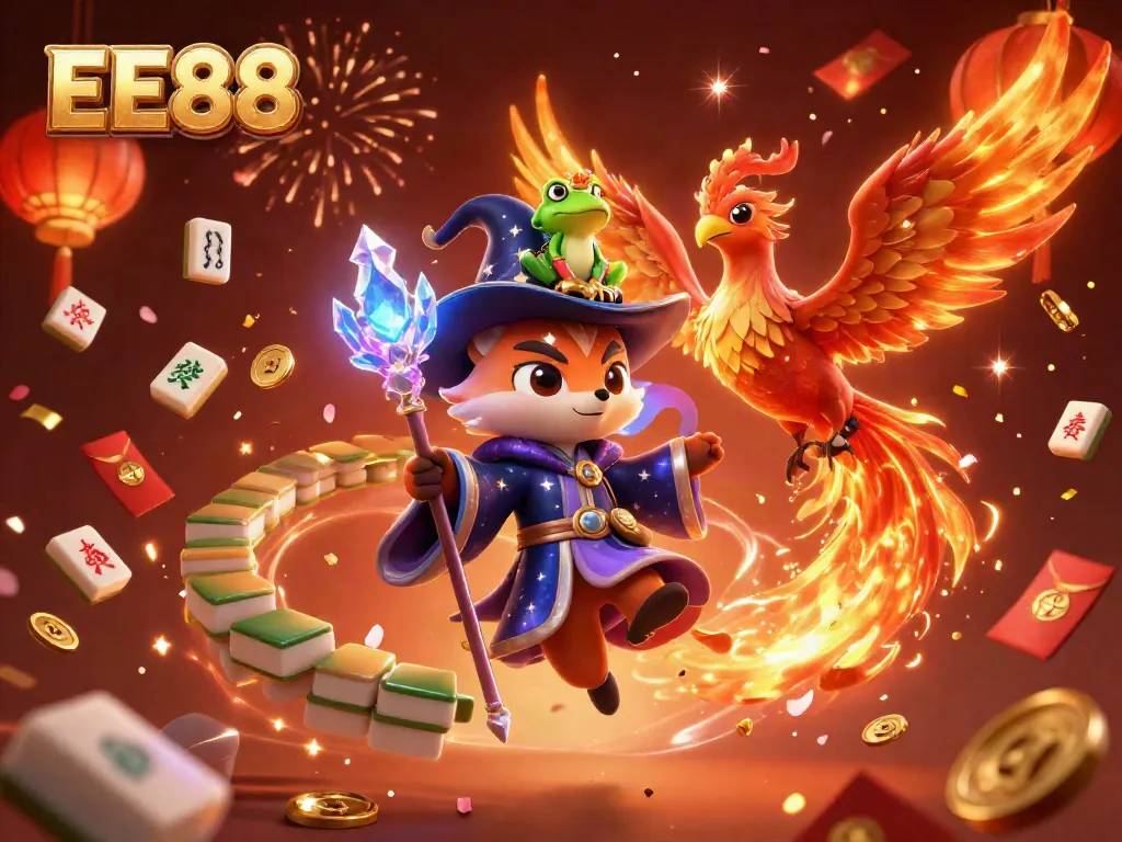 Experience EE88's vibrant casino scene with legendary characters and festive elements in this 3D illustration.