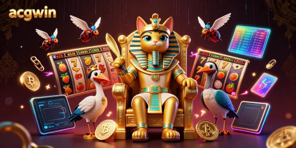 Experience thrilling slots at ACGWIN with rich casino elements and a vibrant illustration of a pharaoh cat.