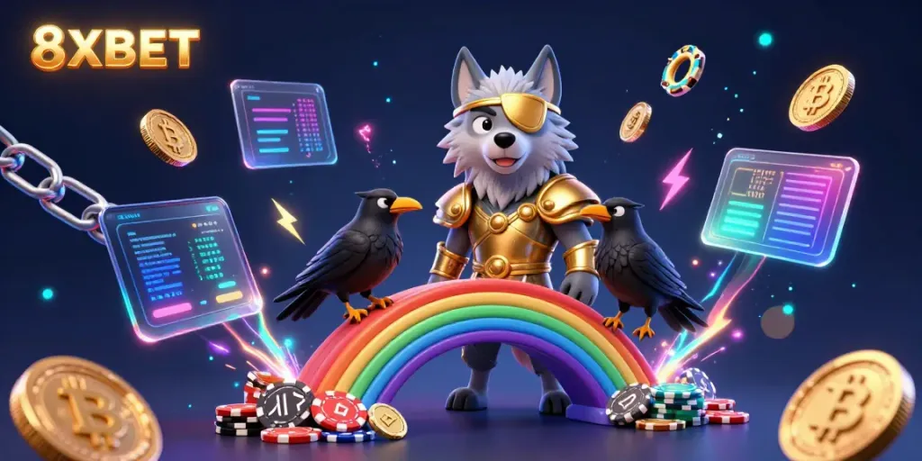 Experience thrilling gameplay at 8XBET with a vibrant digital casino scene featuring Odin and mythological elements.