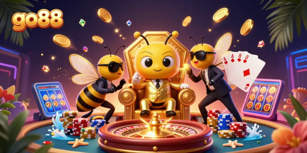 Enjoy thrilling gaming action with go88, showcasing golden coins, vibrant slot reels, and animated characters.
