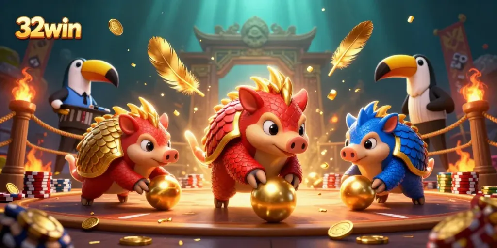 Experience thrilling gameplay with 32win as pangolins clash in a vibrant casino scene.