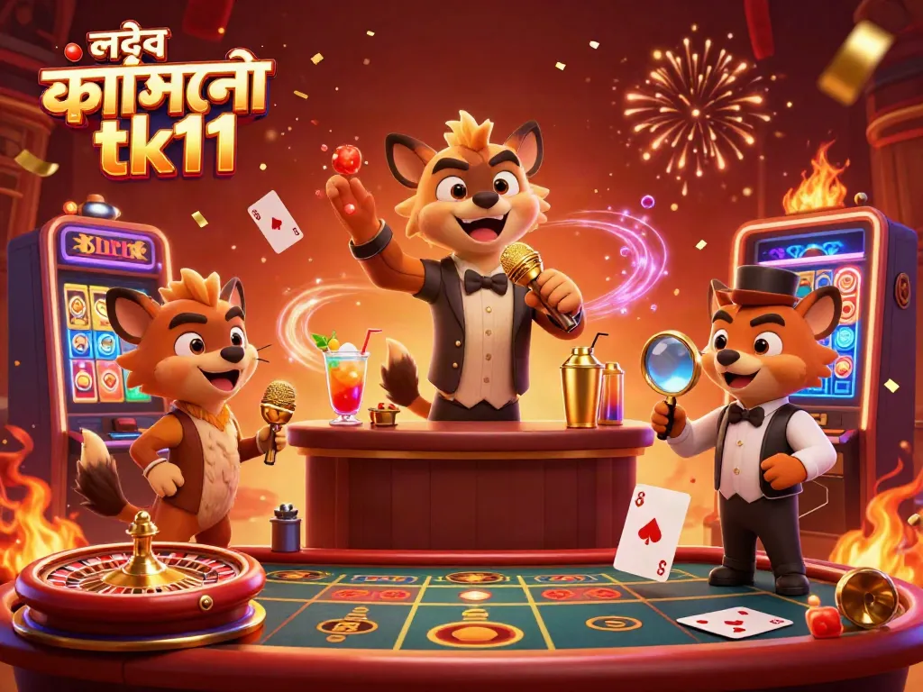 Experience excitement at লাইভ ক্যাসিনো tk11 with a vibrant 3D illustration of hyenas hosting a comedy club game night.
